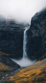 Ethereal Waterfall in Misty Mountain Terrain