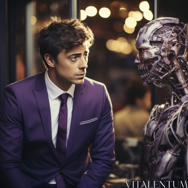 AI ART Man in Suit Staring at a Robot - Violet Romantic Emotivity