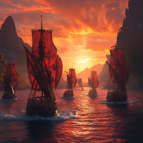 Fleet of Red-Sailed Ships During a Fiery Sunset