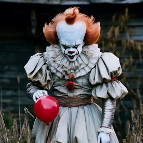 Spooky Clown in Vintage Costume with Red Balloon