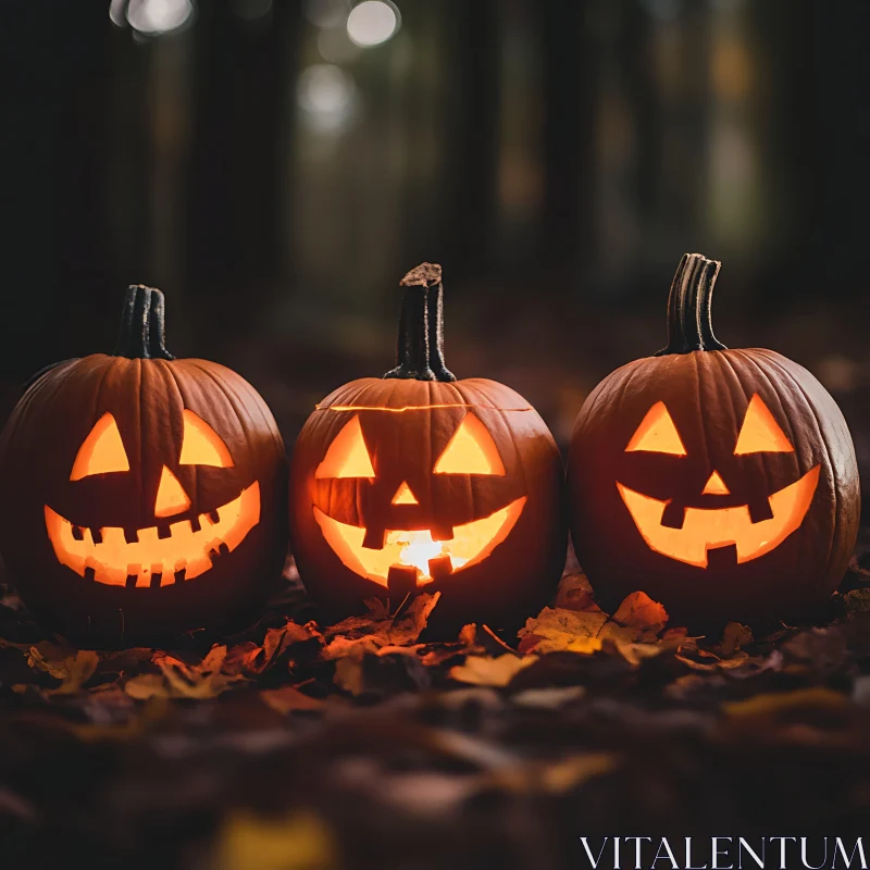 AI ART Glowing Halloween Pumpkins Amidst Autumn Leaves