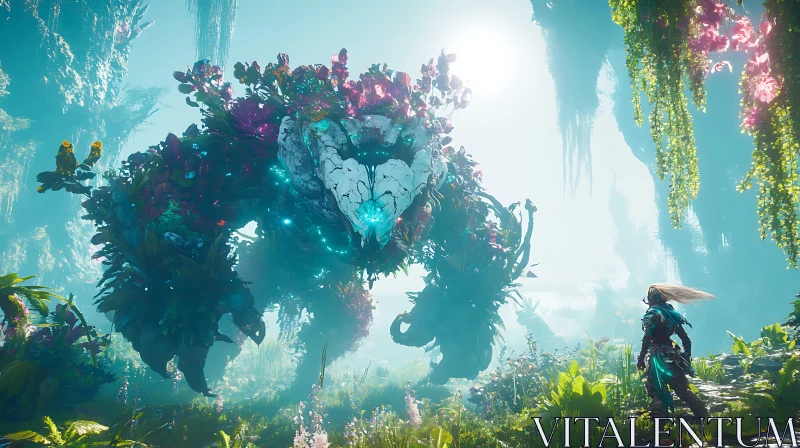 AI ART Warrior Confronts Enchanted Giant in Lush Woodland