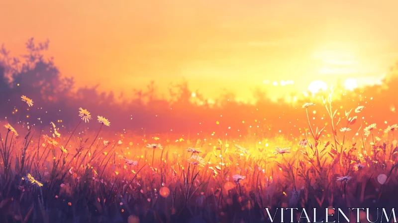 AI ART Golden Sunset over a Daisy Field