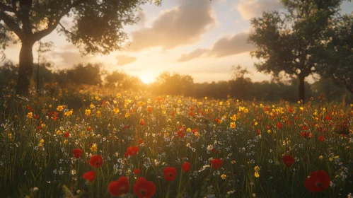 Serene Landscape with Blossoming Flowers at Dusk