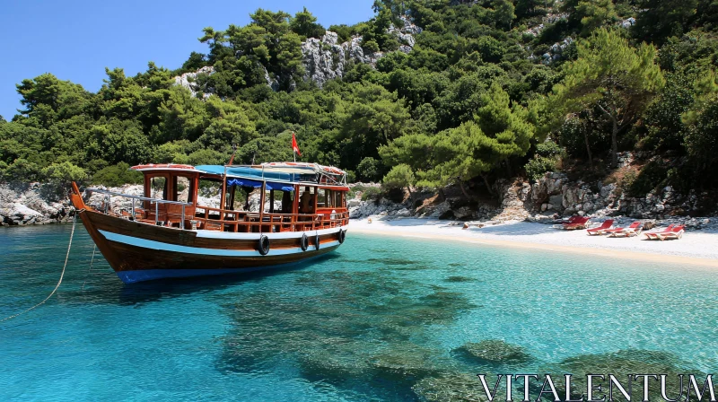 AI ART Tranquil Scene of a Wooden Boat and Secluded Beach