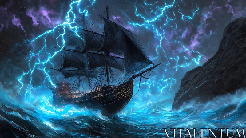 Sailing Ship Amidst Lightning and Stormy Seas AI Image