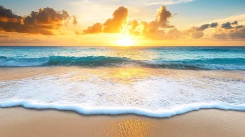 Golden Sunset Over Tranquil Beach and Ocean Waves