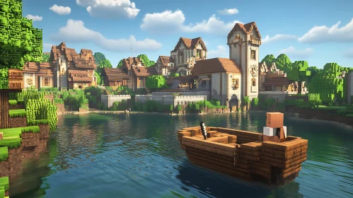 Medieval Pixel Art Village Scene with Lake and Boat