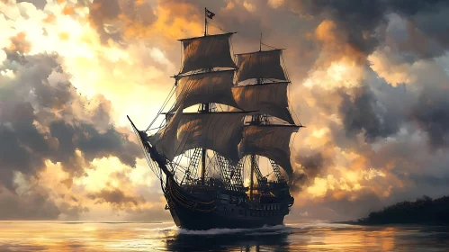 Sunset on the High Seas with a Grand Sailing Ship