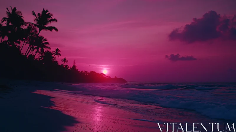Tropical Beach Sunset with Palm Tree Silhouettes