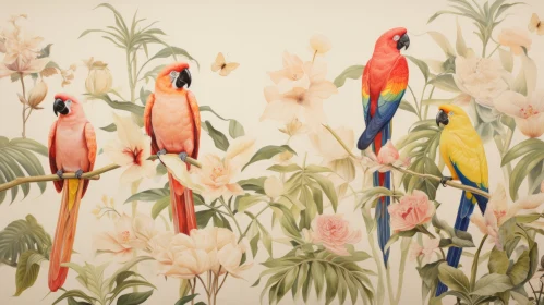 Colorful Parrots on a Branch with Floral Backdrop Art