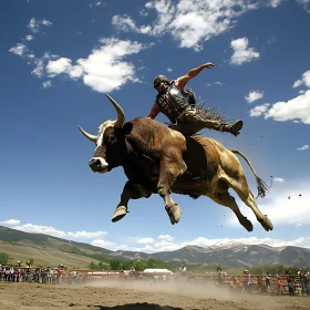 Bull Rider Leaping in Mid-Air