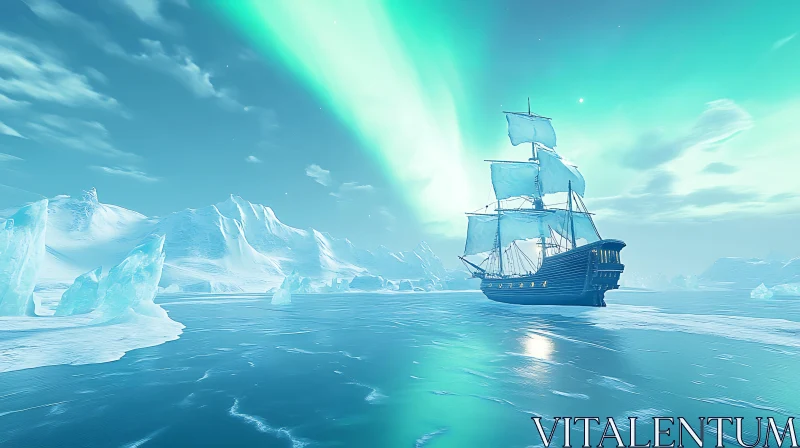 AI ART Majestic Ship Amidst Glaciers and Northern Lights