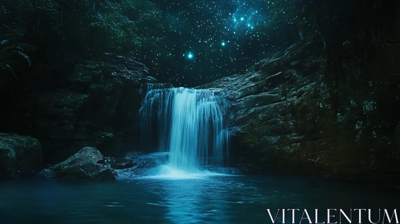 Magical Forest Waterfall Under the Stars
