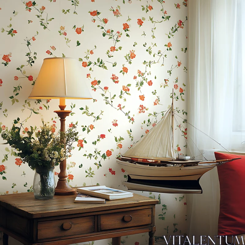 AI ART Charming Home Decor Scene with Floral Wallpaper