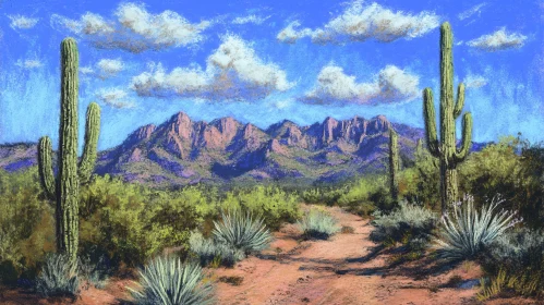 Desert Scene with Cacti and Mountain Range