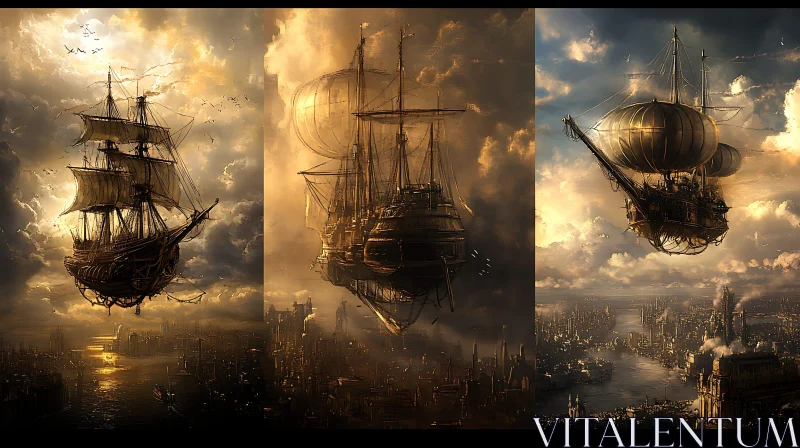 Steampunk Airships Over a Dreamlike City
