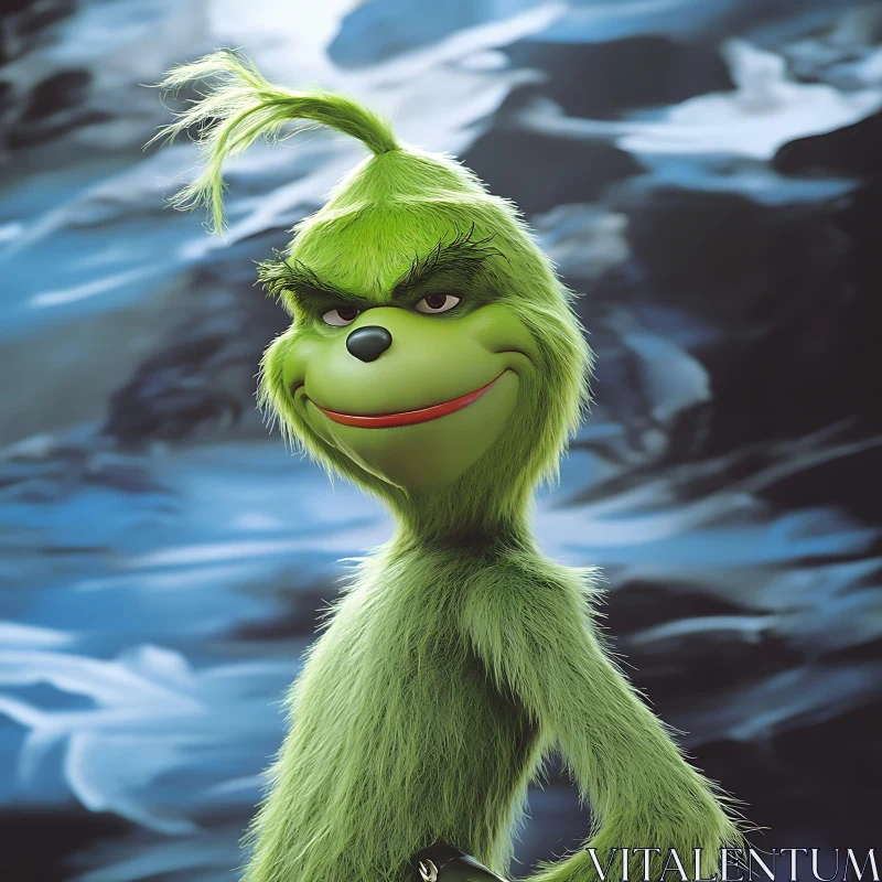 Whimsical Green Character Smirking in Winter