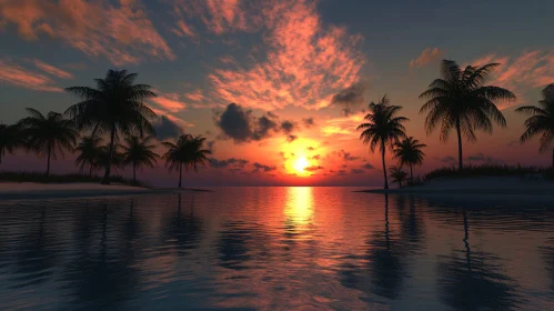 Sunset Over Ocean with Palm Tree Silhouettes