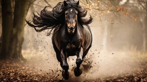 Running Black Horse Amidst Autumn Forest - A Symbolic Nature Capture