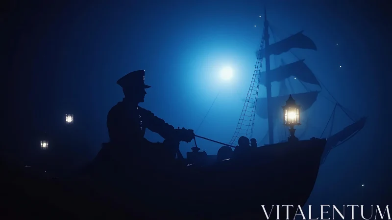 Moonlit Sea Voyage in the Foggy Night AI Image