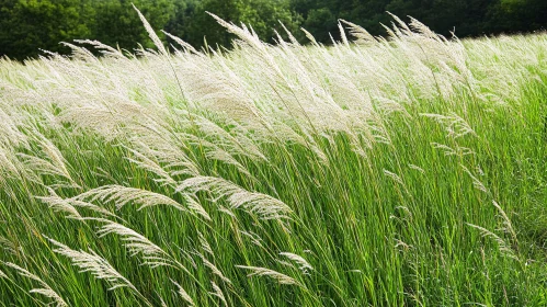 Green Meadow with Wind-Blown Tall Grass