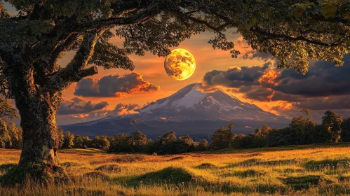 Enchanting Landscape of Moonrise and Sunset Over Mountain