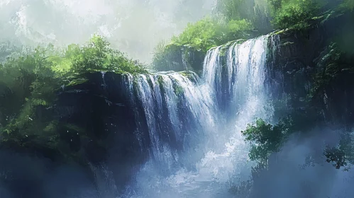 Tranquil Waterfall in Misty Forest Setting