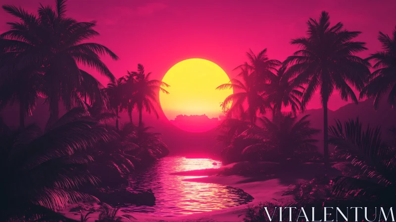 Tropical Twilight with Majestic Sun and Palm Trees AI Image