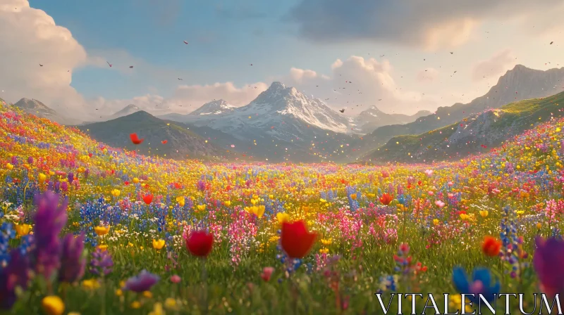 AI ART Blossoming Field in Front of Majestic Mountains