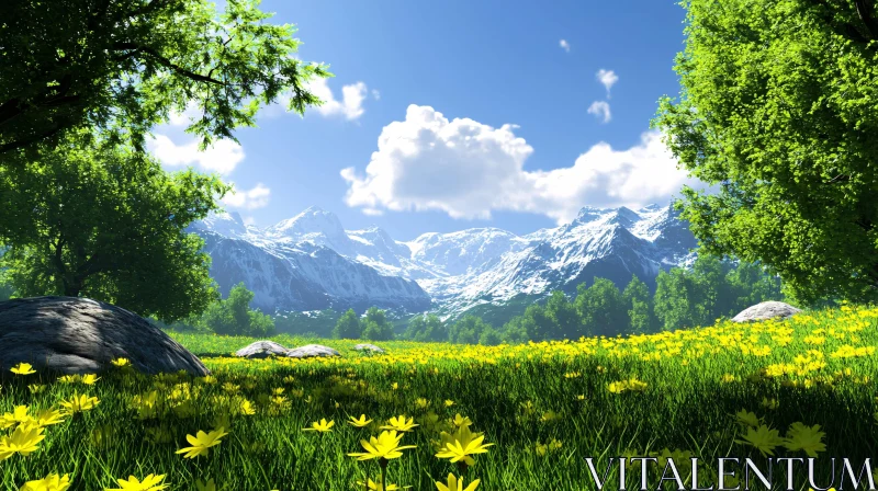 AI ART Vibrant Yellow Flowering Meadow with Snowy Mountains