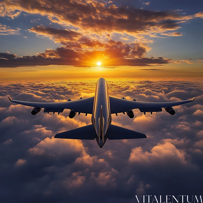 Plane Flying High at Sunset AI Image