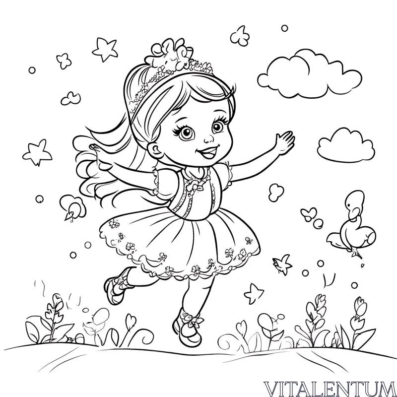 Happy Girl Running with Butterflies and Birds AI Image