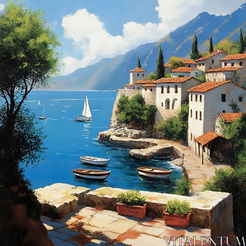 Serene Coastal Village Overlooking Blue Sea AI Image