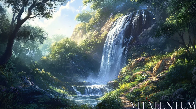 AI ART Ethereal Forest Waterfall Scene