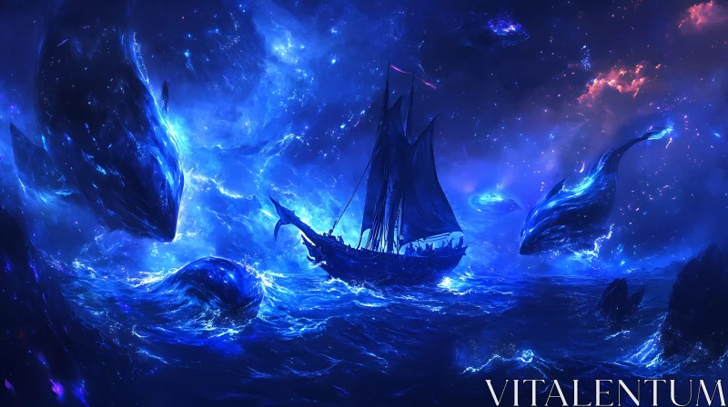 Mystical Night Ocean with Luminous Whales AI Image