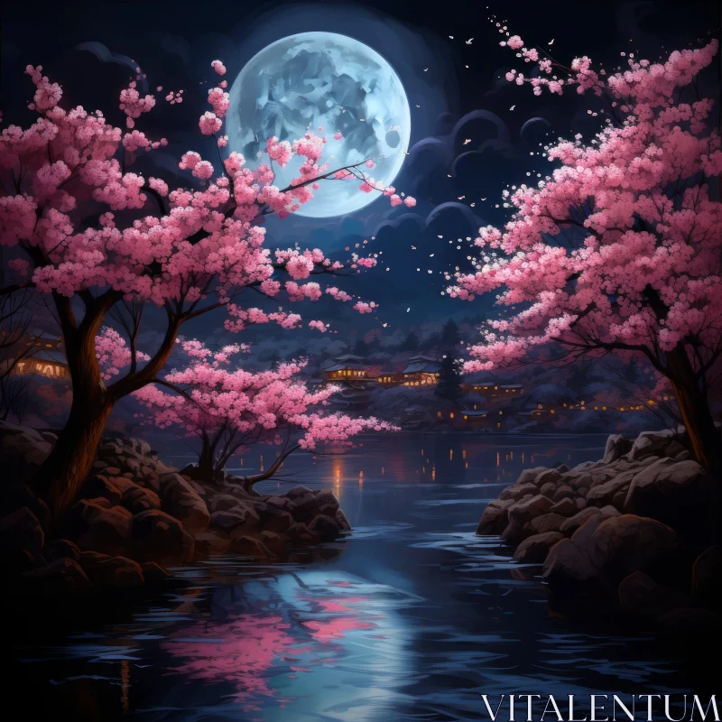 Moonlit Cherry Blossom Night - Nature's Tranquil Beauty AI Image