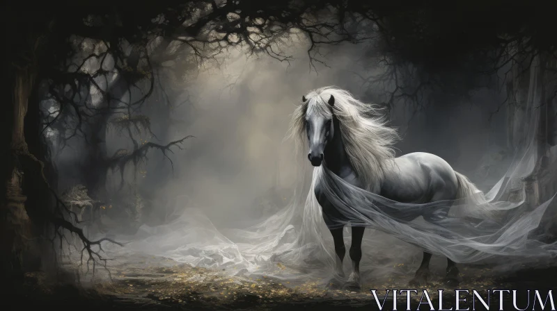Mystical White Horse in Gothic Fantasy Forest AI Image