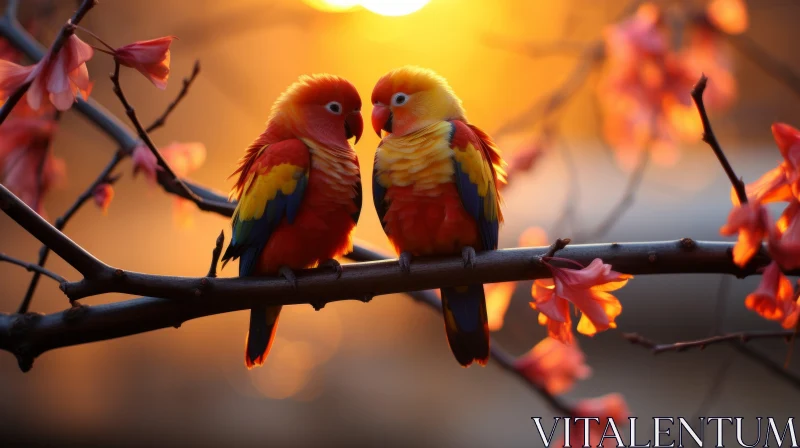 Romantic Emotivity: Colorful Birds in Evening Sunlight AI Image