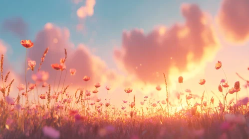 Sunlit Field of Wildflowers at Dusk