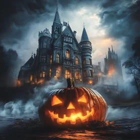 Haunted Castle with Fog and Jack-o'-Lantern