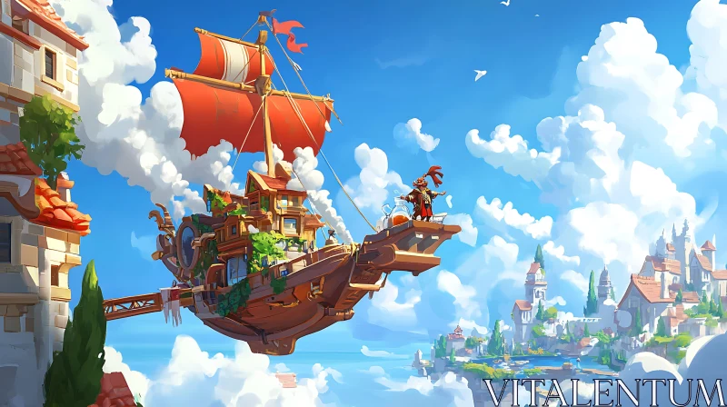 Fantasy Sky Village and Ship AI Image