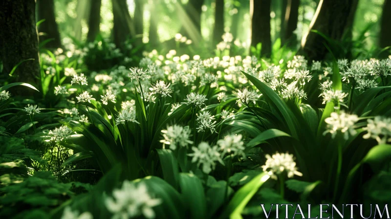 Sunlit Forest with White Wildflowers AI Image