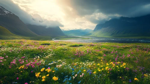 Blooming Valley Landscape with Majestic Mountains