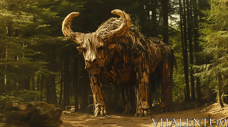 Massive Bull Sculpture Made of Wood in a Lush Forest AI Image