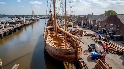 Shipyard with Workers Constructing Wooden Boat