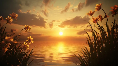 Golden Sunset with Silhouetted Flowers by the Lake