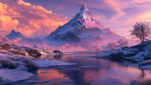 Snow-Capped Mountain and River at Dusk