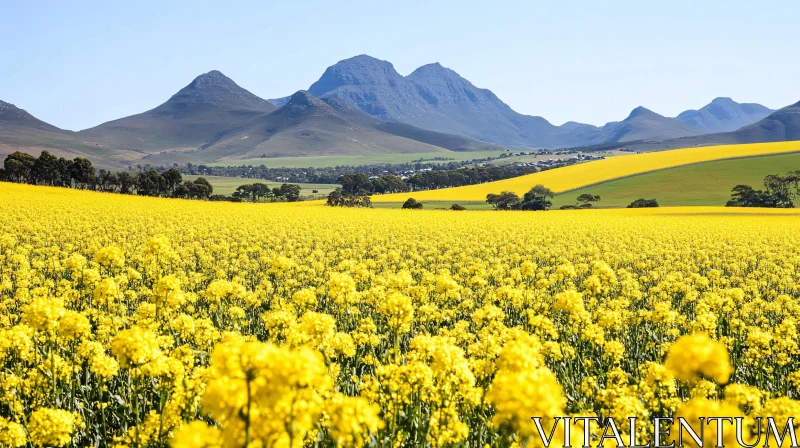 AI ART Yellow Canola Flowers with Mountains in the Background