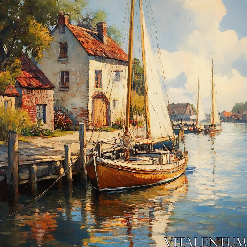 Tranquil Dockside Sailing Boats and Stone Cottage AI Image